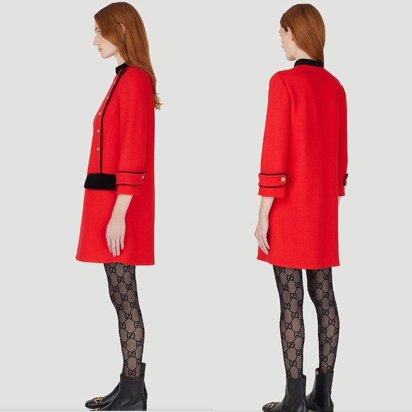 GUCCI DRESS VELVET TRIM RETRO RED TWEED WOOL BLEND sz IT 40 US 4 - Picture 2 of 13